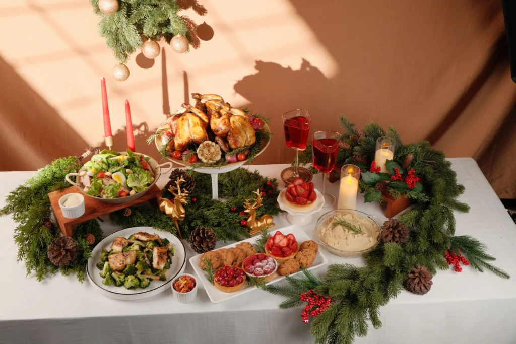 Kerstdiner tafel met eten